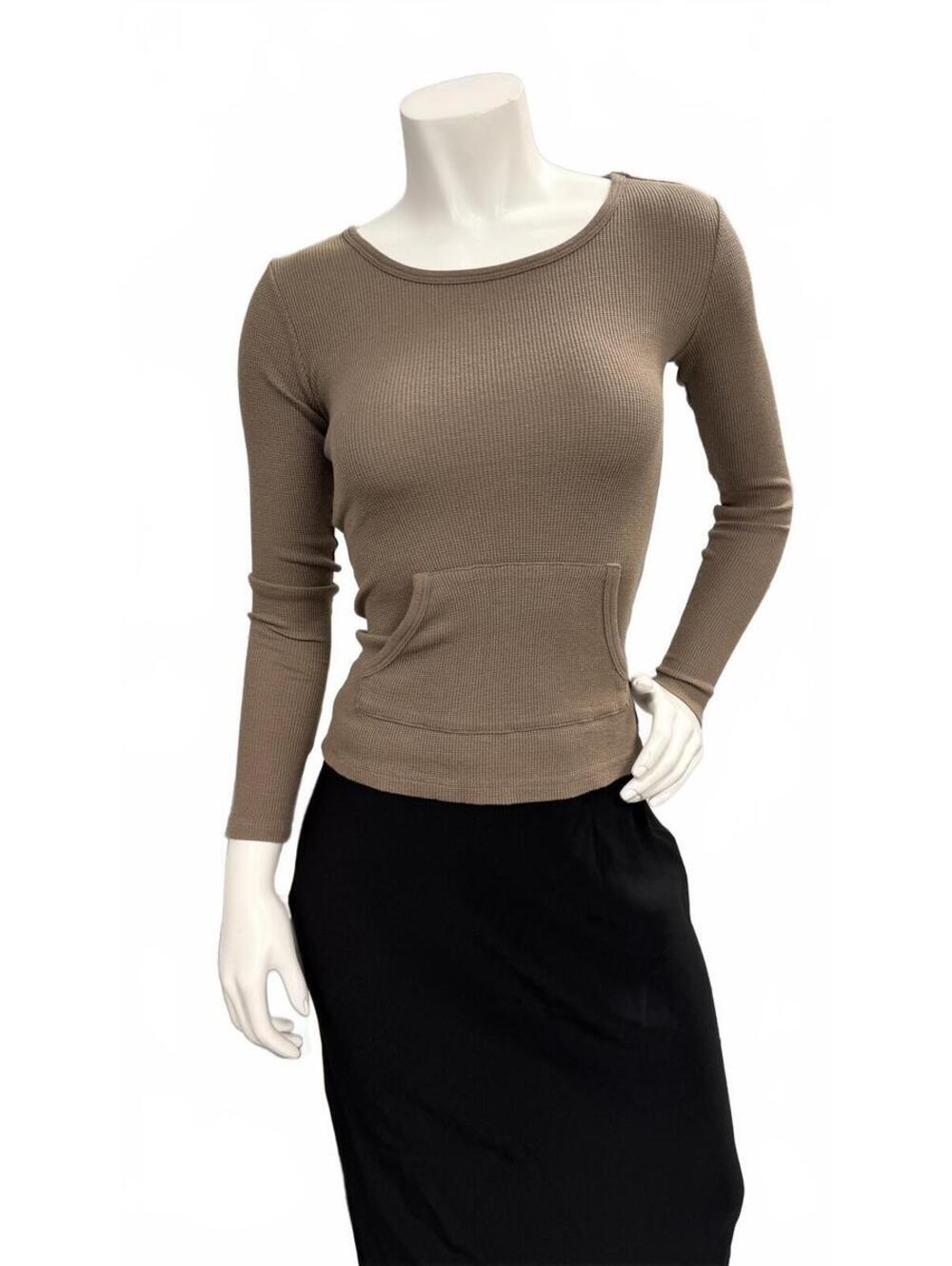 Rebecca Beeson Thermal Knit Top Tan Long Sleeve Pocket Front Waffle Knit